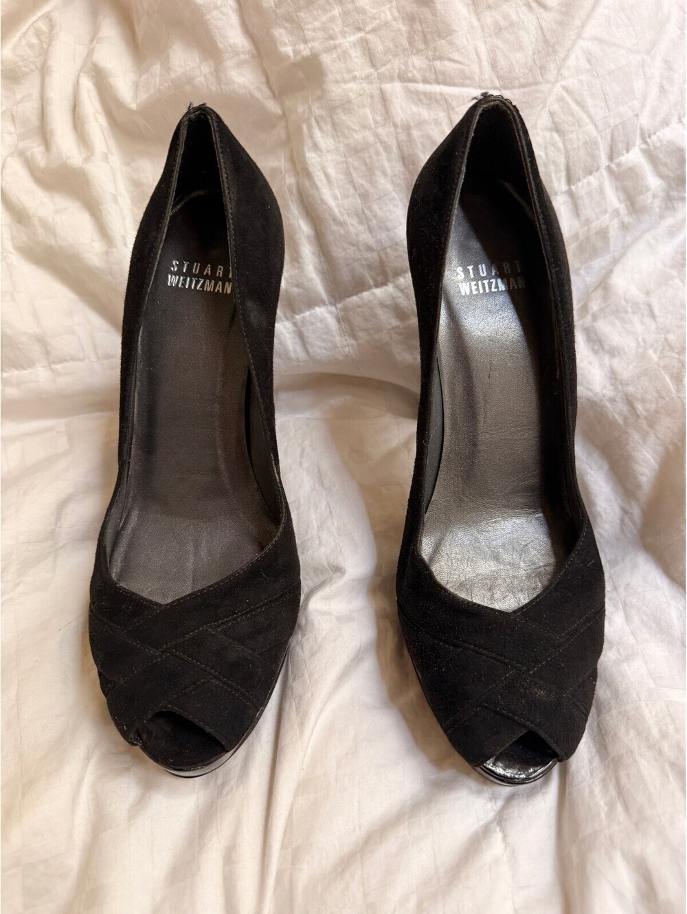 Stuart Weitzman Black Suede Peep Toe Platform Pumps Heels | Women's 6.5